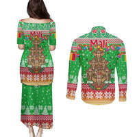 Mali Christmas Couples Matching Puletasi and Long Sleeve Button Shirt with Cartoon Elephant Pyramid Snowflakes and Holiday Lights - Wonder Print Shop