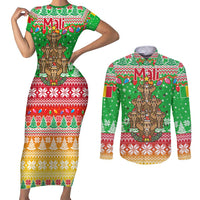 Mali Christmas Couples Matching Short Sleeve Bodycon Dress and Long Sleeve Button Shirt with Cartoon Elephant Pyramid Snowflakes and Holiday Lights - Wonder Print Shop