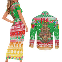 Mali Christmas Couples Matching Short Sleeve Bodycon Dress and Long Sleeve Button Shirt with Cartoon Elephant Pyramid Snowflakes and Holiday Lights - Wonder Print Shop