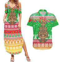 Mali Christmas Couples Matching Summer Maxi Dress and Hawaiian Shirt with Cartoon Elephant Pyramid Snowflakes and Holiday Lights - Wonder Print Shop