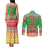 Mali Christmas Couples Matching Tank Maxi Dress and Long Sleeve Button Shirt with Cartoon Elephant Pyramid Snowflakes and Holiday Lights - Wonder Print Shop