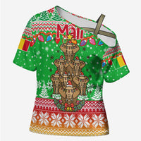 Mali Christmas Cross Shoulder Shirt with Cartoon Elephant Pyramid Snowflakes and Holiday Lights - Wonder Print Shop