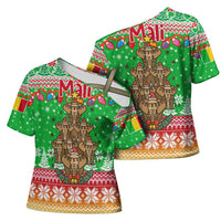 Mali Christmas Cross Shoulder Shirt with Cartoon Elephant Pyramid Snowflakes and Holiday Lights - Wonder Print Shop