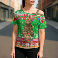 Mali Christmas Cross Shoulder Shirt with Cartoon Elephant Pyramid Snowflakes and Holiday Lights - Wonder Print Shop