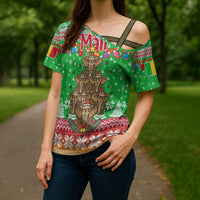 Mali Christmas Cross Shoulder Shirt with Cartoon Elephant Pyramid Snowflakes and Holiday Lights - Wonder Print Shop
