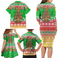 Mali Christmas Family Matching Long Sleeve Bodycon Dress and Hawaiian Shirt with Cartoon Elephant Pyramid Snowflakes and Holiday Lights - Wonder Print Shop
