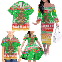 Mali Christmas Family Matching Off The Shoulder Long Sleeve Dress and Hawaiian Shirt with Cartoon Elephant Pyramid Snowflakes and Holiday Lights - Wonder Print Shop