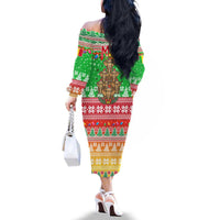 Mali Christmas Family Matching Off The Shoulder Long Sleeve Dress and Hawaiian Shirt with Cartoon Elephant Pyramid Snowflakes and Holiday Lights - Wonder Print Shop