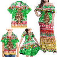 Mali Christmas Family Matching Off Shoulder Maxi Dress and Hawaiian Shirt with Cartoon Elephant Pyramid Snowflakes and Holiday Lights - Wonder Print Shop