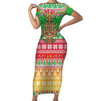 Mali Christmas Family Matching Short Sleeve Bodycon Dress and Hawaiian Shirt with Cartoon Elephant Pyramid Snowflakes and Holiday Lights - Wonder Print Shop