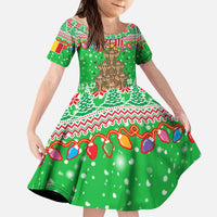 Mali Christmas Kid Short Sleeve Dress with Cartoon Elephant Pyramid Snowflakes and Holiday Lights - Wonder Print Shop