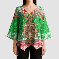 Mali Christmas Kimono Sleeve Blouse with Cartoon Elephant Pyramid Snowflakes and Holiday Lights - Wonder Print Shop