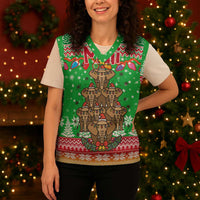 Mali Christmas Knitted V-Neck Vest with Cartoon Elephant Pyramid Snowflakes and Holiday Lights - Wonder Print Shop