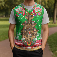 Mali Christmas Knitted V-Neck Vest with Cartoon Elephant Pyramid Snowflakes and Holiday Lights - Wonder Print Shop