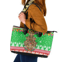 Mali Christmas Leather Tote Bag with Cartoon Elephant Pyramid Snowflakes and Holiday Lights - Wonder Print Shop