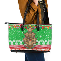 Mali Christmas Leather Tote Bag with Cartoon Elephant Pyramid Snowflakes and Holiday Lights - Wonder Print Shop