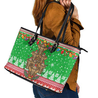 Mali Christmas Leather Tote Bag with Cartoon Elephant Pyramid Snowflakes and Holiday Lights - Wonder Print Shop