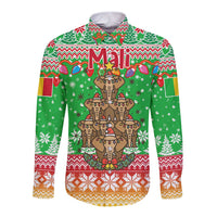 Mali Christmas Long Sleeve Button Shirt with Cartoon Elephant Pyramid Snowflakes and Holiday Lights - Wonder Print Shop