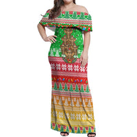 Mali Christmas Off Shoulder Maxi Dress with Cartoon Elephant Pyramid Snowflakes and Holiday Lights - Wonder Print Shop