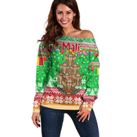 Mali Christmas Off Shoulder Sweater with Cartoon Elephant Pyramid Snowflakes and Holiday Lights - Wonder Print Shop