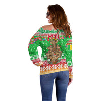 Mali Christmas Off Shoulder Sweater with Cartoon Elephant Pyramid Snowflakes and Holiday Lights - Wonder Print Shop