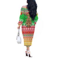 Mali Christmas Off The Shoulder Long Sleeve Dress with Cartoon Elephant Pyramid Snowflakes and Holiday Lights - Wonder Print Shop