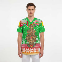 Mali Christmas Scrub Top with Cartoon Elephant Pyramid Snowflakes and Holiday Lights - Wonder Print Shop