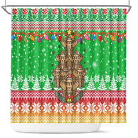 Mali Christmas Shower Curtain with Cartoon Elephant Pyramid Snowflakes and Holiday Lights - Wonder Print Shop