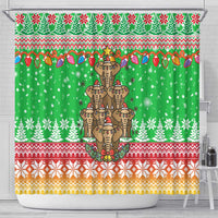 Mali Christmas Shower Curtain with Cartoon Elephant Pyramid Snowflakes and Holiday Lights - Wonder Print Shop