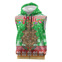 Mali Christmas Sleeveless Zip Hoodie with Cartoon Elephant Pyramid Snowflakes and Holiday Lights - Wonder Print Shop