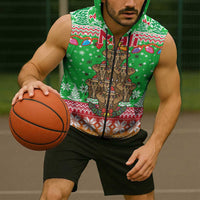 Mali Christmas Sleeveless Zip Hoodie with Cartoon Elephant Pyramid Snowflakes and Holiday Lights - Wonder Print Shop