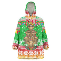 Mali Christmas Wearable Blanket Hoodie with Cartoon Elephant Pyramid Snowflakes and Holiday Lights - Wonder Print Shop
