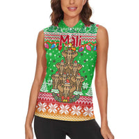 Mali Christmas Women Sleeveless Polo Shirt with Cartoon Elephant Pyramid Snowflakes and Holiday Lights - Wonder Print Shop