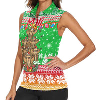 Mali Christmas Women Sleeveless Polo Shirt with Cartoon Elephant Pyramid Snowflakes and Holiday Lights - Wonder Print Shop