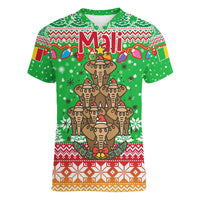 Mali Christmas Women V-Neck T-Shirt with Cartoon Elephant Pyramid Snowflakes and Holiday Lights - Wonder Print Shop
