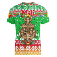 Mali Christmas Women V-Neck T-Shirt with Cartoon Elephant Pyramid Snowflakes and Holiday Lights - Wonder Print Shop