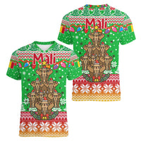 Mali Christmas Women V-Neck T-Shirt with Cartoon Elephant Pyramid Snowflakes and Holiday Lights - Wonder Print Shop