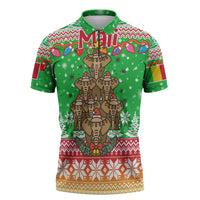 Mali Christmas Zipper Polo Shirt with Cartoon Elephant Pyramid Snowflakes and Holiday Lights - Wonder Print Shop