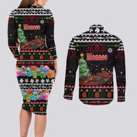 Monaco Christmas Couples Matching Long Sleeve Bodycon Dress and Long Sleeve Button Shirt with Race Car Christmas Tree and Snowflake Holiday - Wonder Print Shop