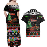 Monaco Christmas Couples Matching Off Shoulder Maxi Dress and Hawaiian Shirt with Race Car Christmas Tree and Snowflake Holiday - Wonder Print Shop
