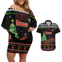 Monaco Christmas Couples Matching Off Shoulder Short Dress and Hawaiian Shirt with Race Car Christmas Tree and Snowflake Holiday - Wonder Print Shop