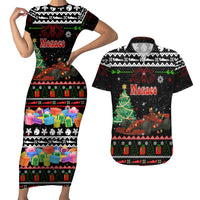 Monaco Christmas Couples Matching Short Sleeve Bodycon Dress and Hawaiian Shirt with Race Car Christmas Tree and Snowflake Holiday - Wonder Print Shop