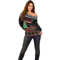 Monaco Christmas Off Shoulder Sweater with Race Car Christmas Tree and Snowflake Holiday - Wonder Print Shop