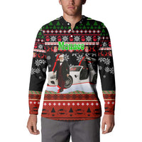 Monaco Christmas Button Sweatshirt with Santa Claus Sports Car Snowflakes and Luxury Holiday - Wonder Print Shop