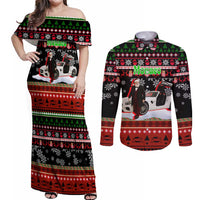 Monaco Christmas Couples Matching Off Shoulder Maxi Dress and Long Sleeve Button Shirt with Santa Claus Sports Car Snowflakes and Luxury Holiday - undefined