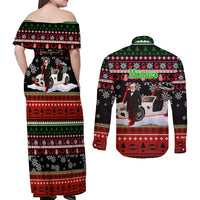 Monaco Christmas Couples Matching Off Shoulder Maxi Dress and Long Sleeve Button Shirt with Santa Claus Sports Car Snowflakes and Luxury Holiday - undefined