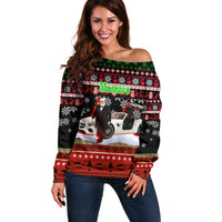 Monaco Christmas Off Shoulder Sweater with Santa Claus Sports Car Snowflakes and Luxury Holiday - Wonder Print Shop