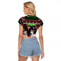 Monaco Christmas Raglan Cropped T Shirt with Santa Claus Sports Car Snowflakes and Luxury Holiday - Wonder Print Shop