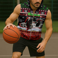 Monaco Christmas Sleeveless Zip Hoodie with Santa Claus Sports Car Snowflakes and Luxury Holiday - Wonder Print Shop
