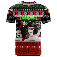 Monaco Christmas T Shirt with Santa Claus Sports Car Snowflakes and Luxury Holiday - Wonder Print Shop